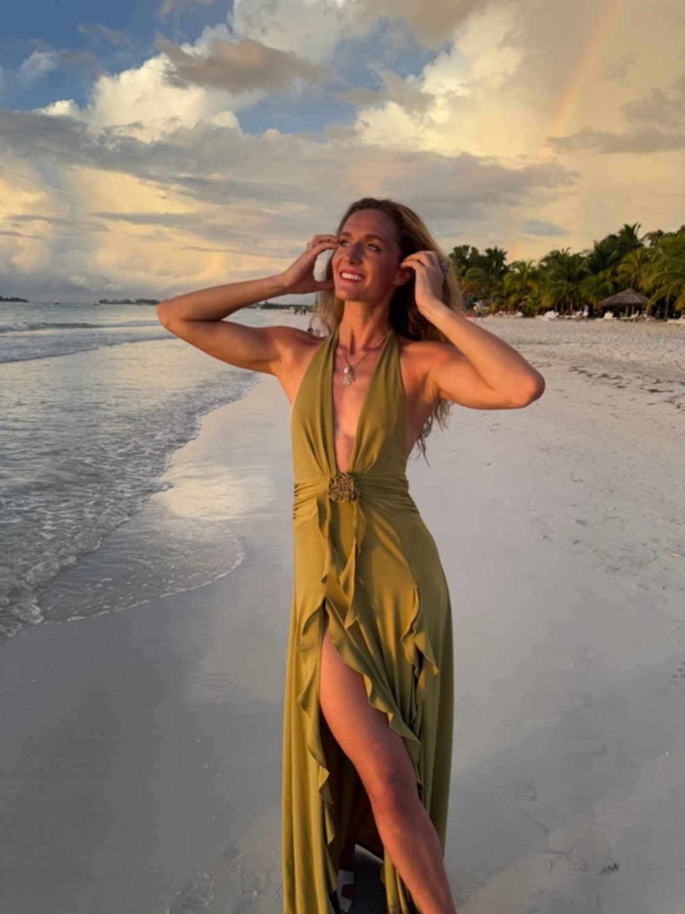WeWoreWhat Halter Ruffle Maxi Dress Olive Green with Slits & Front Rosette - Picture 11 of 13